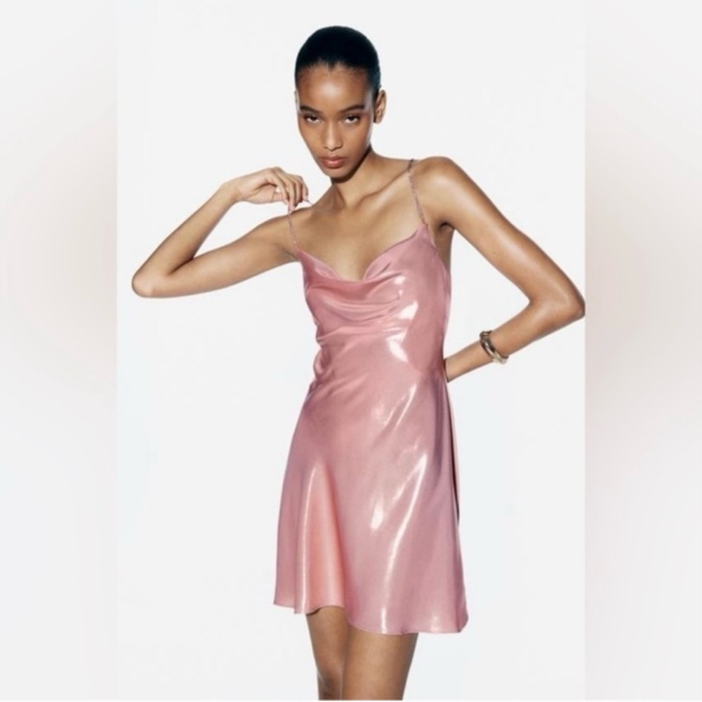 Rhinestone strap pink foil Slip Dress